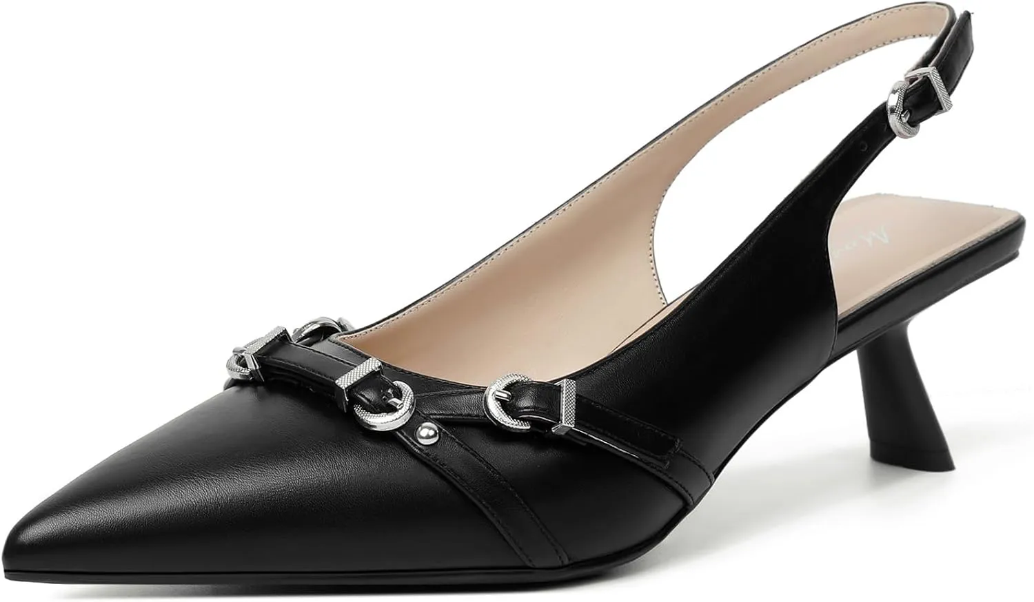 Mostrin Kitten Heels for Women Pointed Toe Pumps Patent Leather Low Heel Slingback Heels with Buckle Dress Shoes for Dating Party Working