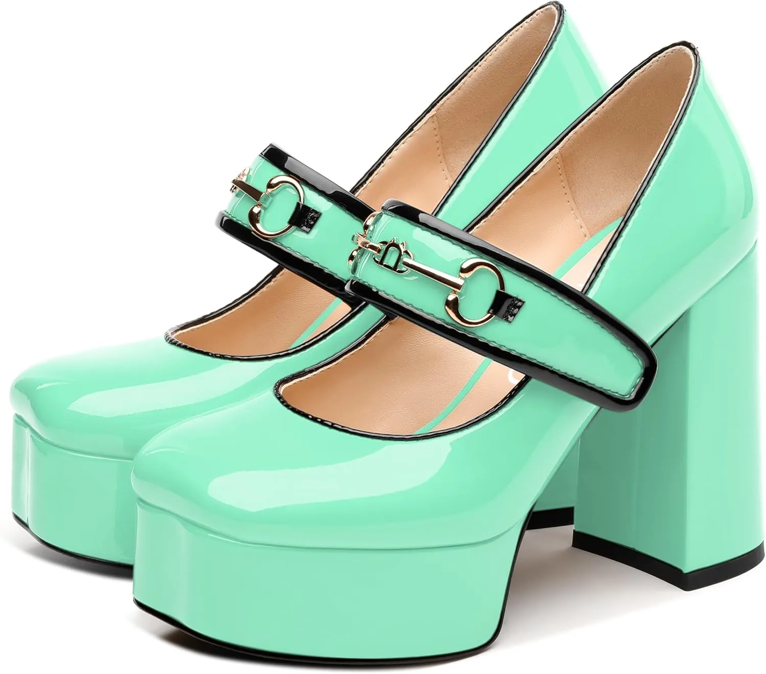 NUMALEO Mary Jane Shoes for Women Platform Mary Jane Heels High Chunky Block Closed Square Toe Strappy Pumps Patent Fashion Sexy Wedding Party Dress Shoes