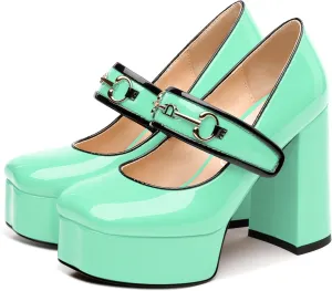 NUMALEO Mary Jane Shoes for Women Platform Mary Jane Heels High Chunky Block Closed Square Toe Strappy Pumps Patent Fashion Sexy Wedding Party Dress Shoes