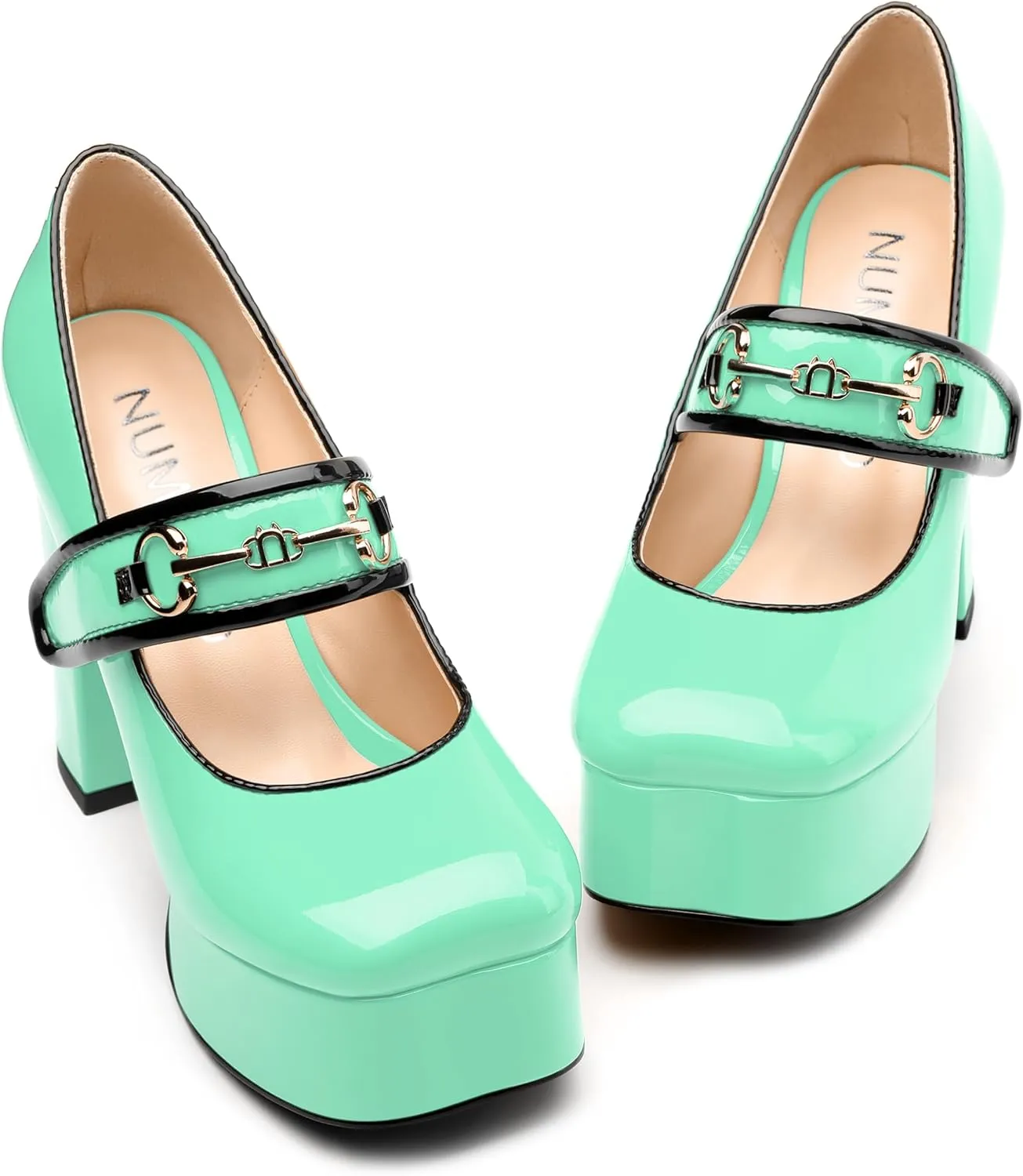 NUMALEO Mary Jane Shoes for Women Platform Mary Jane Heels High Chunky Block Closed Square Toe Strappy Pumps Patent Fashion Sexy Wedding Party Dress Shoes