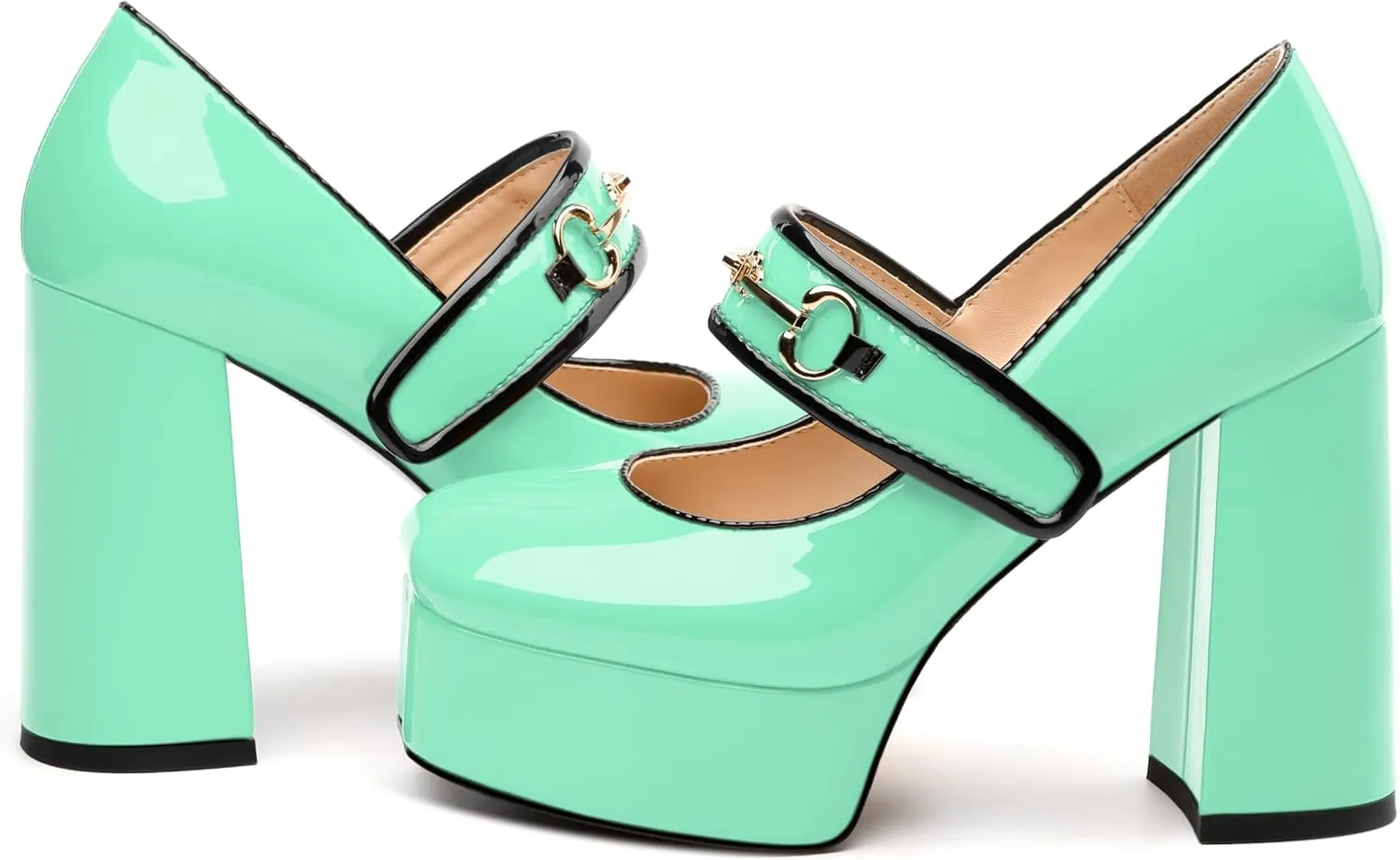 NUMALEO Mary Jane Shoes for Women Platform Mary Jane Heels High Chunky Block Closed Square Toe Strappy Pumps Patent Fashion Sexy Wedding Party Dress Shoes