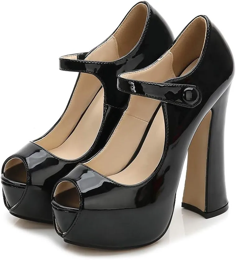 OCHENTA Women's Peep Toe Platform High Heels Ankle Strap Pumps Chunky Heels for Party Daily Wear