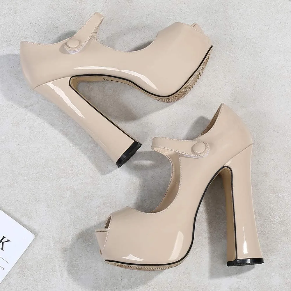 OCHENTA Women's Peep Toe Platform High Heels Ankle Strap Pumps Chunky Heels for Party Daily Wear