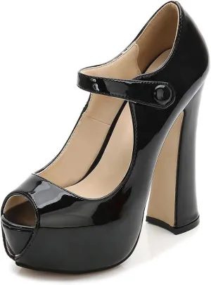 OCHENTA Women's Peep Toe Platform High Heels Ankle Strap Pumps Chunky Heels for Party Daily Wear
