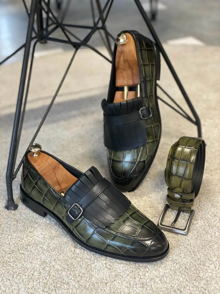 Patterned Khaki Penny Strap Loafers
