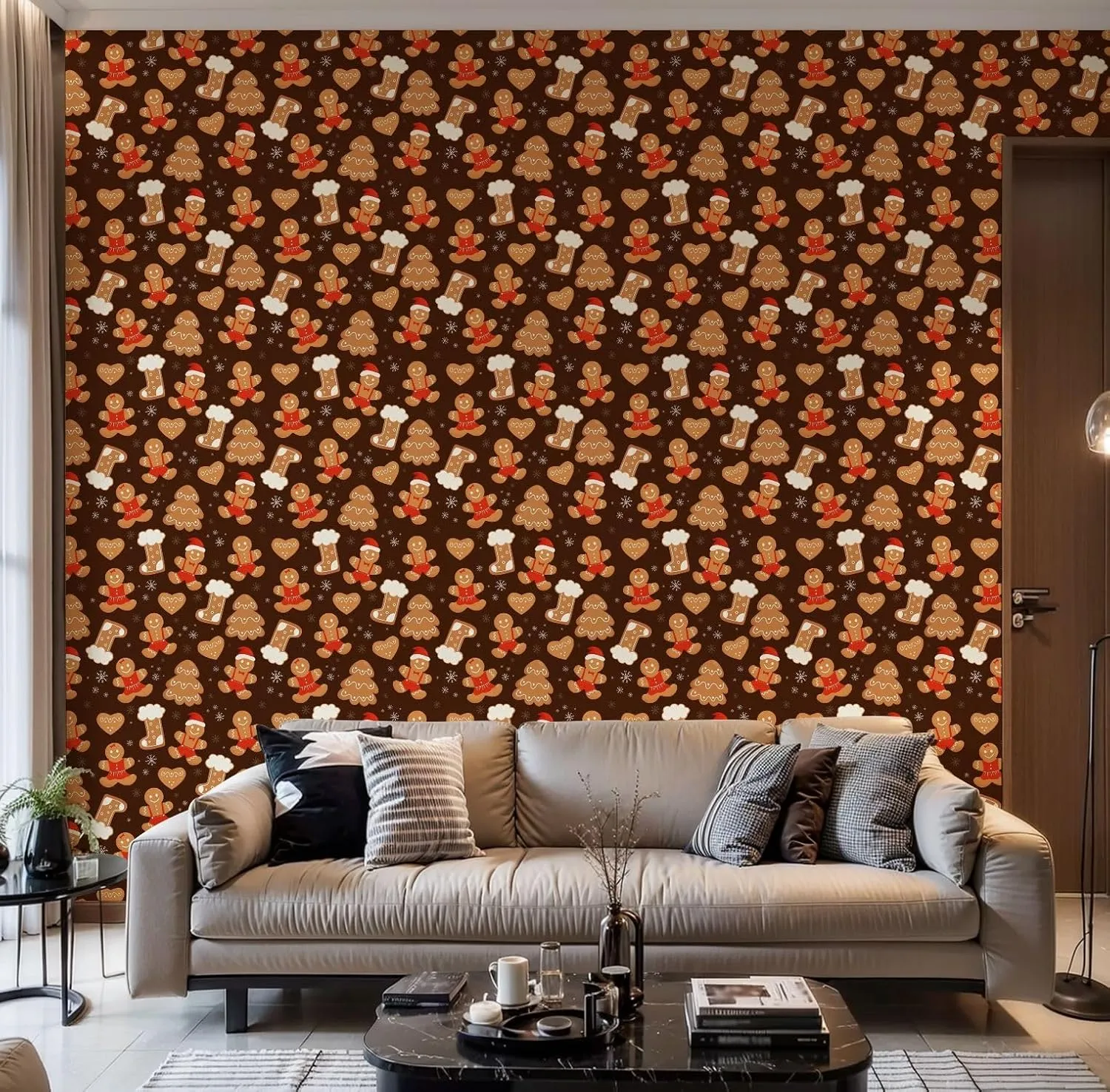 Peel and Stick Wallpaper Self Adhesive Wall Mural Seamless cute Christmas gingerbread cookies Gingerbread man boot heart Contact Paper Renter Friendly Wallpaper for Kitchen Nursery Bedroom 17.7"x118"