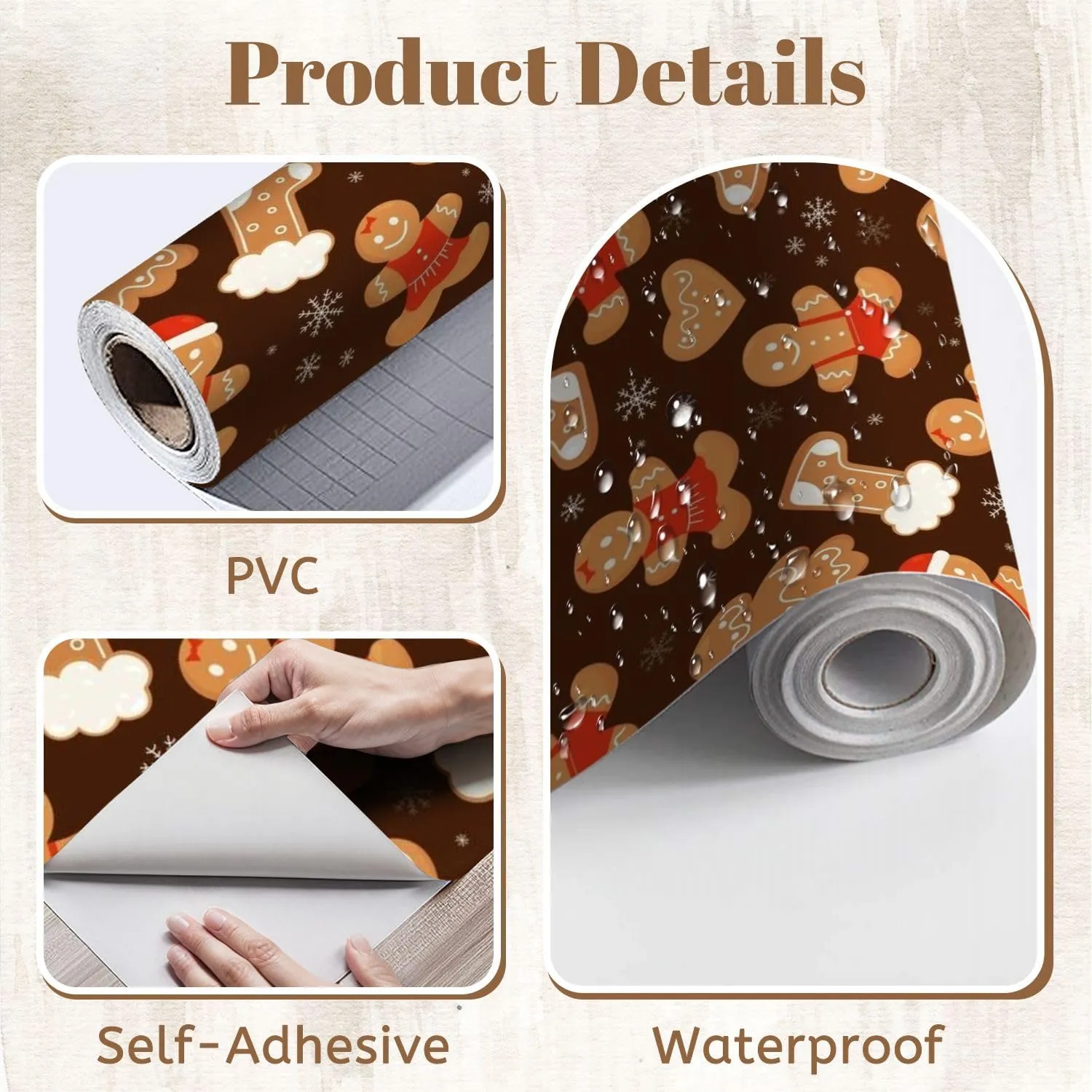 Peel and Stick Wallpaper Self Adhesive Wall Mural Seamless cute Christmas gingerbread cookies Gingerbread man boot heart Contact Paper Renter Friendly Wallpaper for Kitchen Nursery Bedroom 17.7"x118"