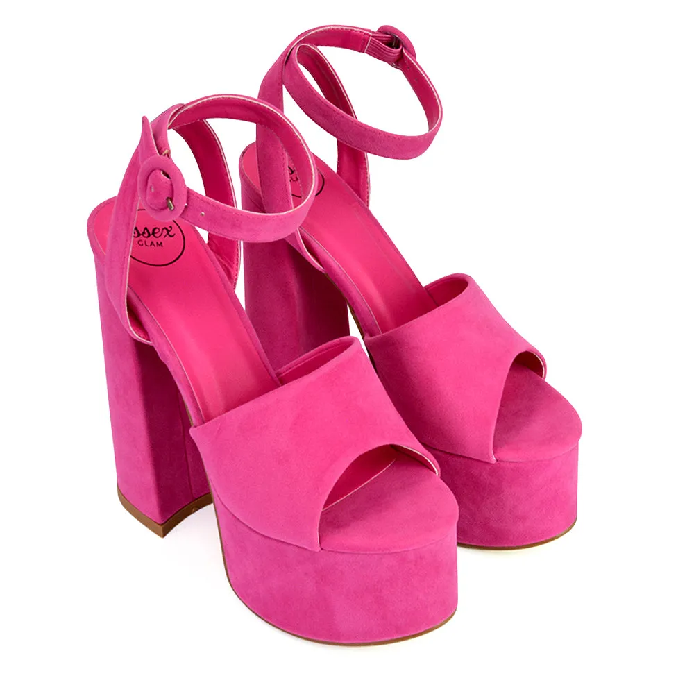 Pennie Strappy Super High Platform Shoes With a Chunky Heel in Fuchsia