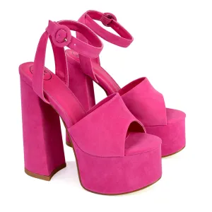 Pennie Strappy Super High Platform Shoes With a Chunky Heel in Fuchsia