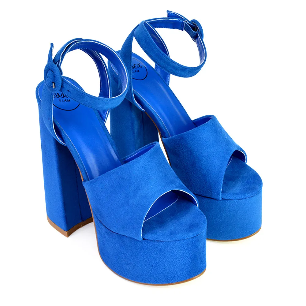 Pennie Strappy Super High Platform Shoes With a Chunky Heel in Fuchsia