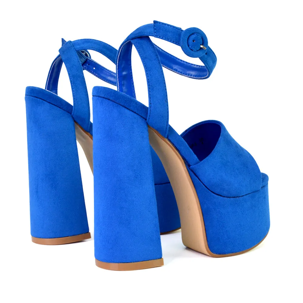 Pennie Strappy Super High Platform Shoes With a Chunky Heel in Fuchsia