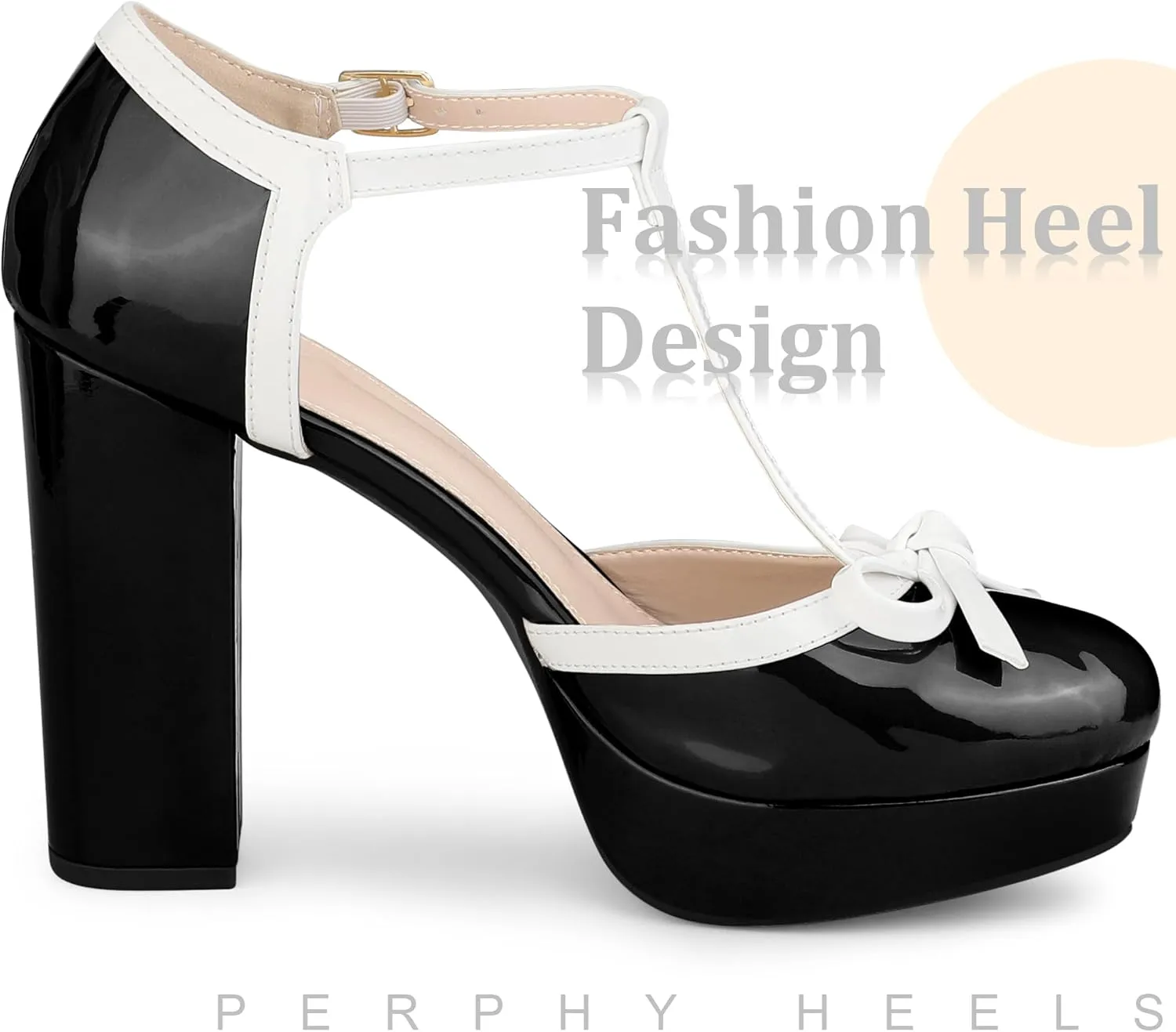 Perphy Bow T-Strap Platform Chunky Heels Pumps for Women