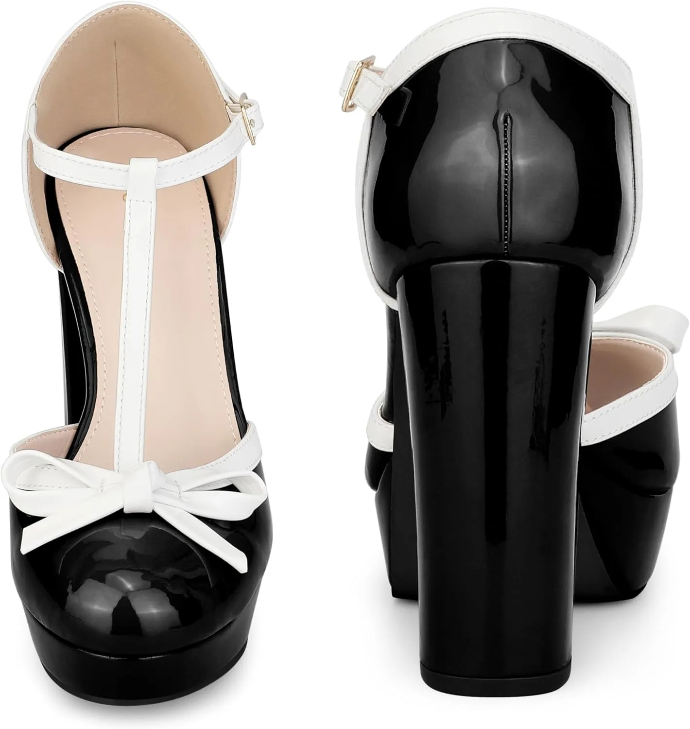 Perphy Bow T-Strap Platform Chunky Heels Pumps for Women