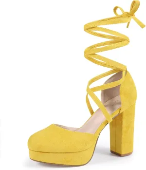 Perphy Lace Up Strappy Platform Block Heel Pumps for Women