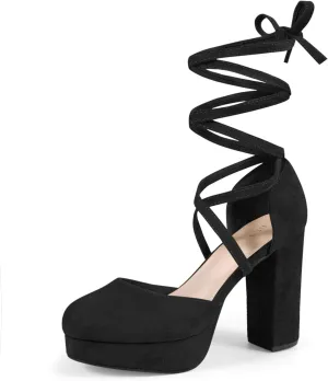 Perphy Lace Up Strappy Platform Block Heel Pumps for Women