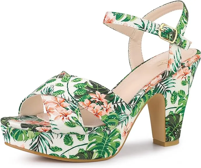 Pink Floral Platform Heel Sling Back Sandals