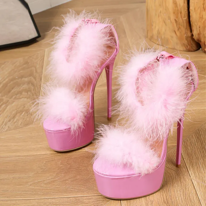 Pink Fluffy Feather Ankle Strap Platform Sandals Women Elegant Wedding Banquet Shoes
