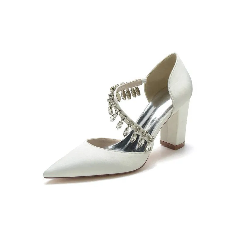 Pointed Toe Rhinestone Tassel Strappy Chunky Heels