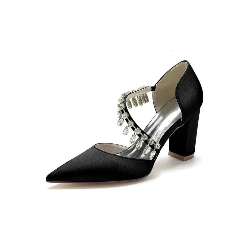 Pointed Toe Rhinestone Tassel Strappy Chunky Heels