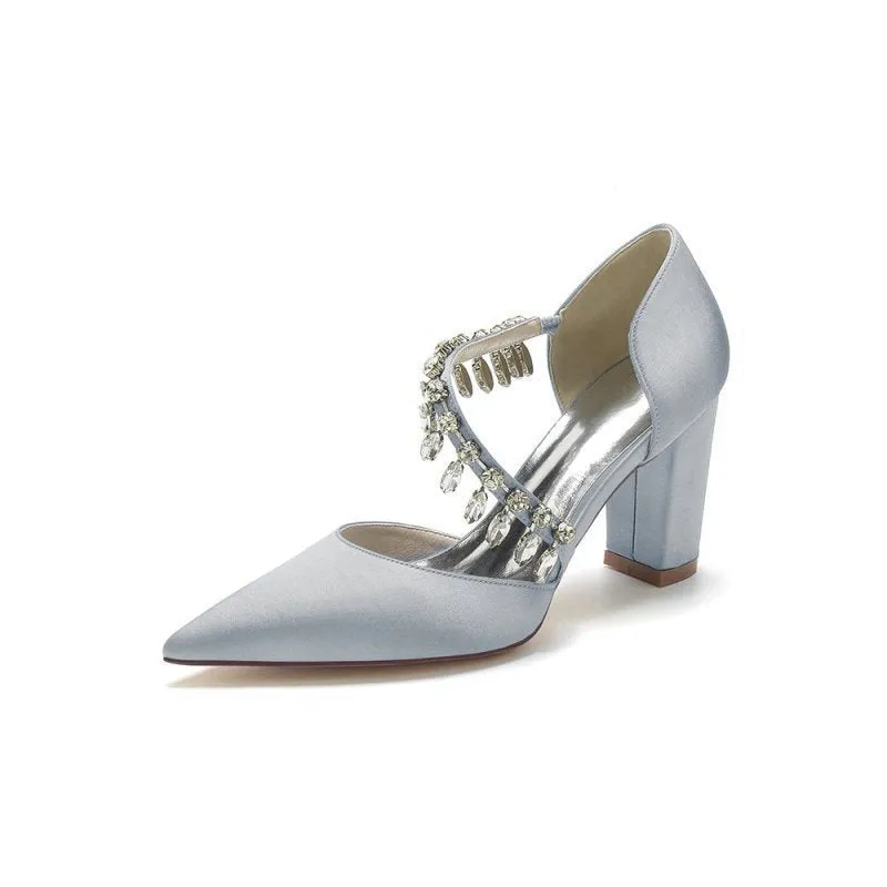 Pointed Toe Rhinestone Tassel Strappy Chunky Heels