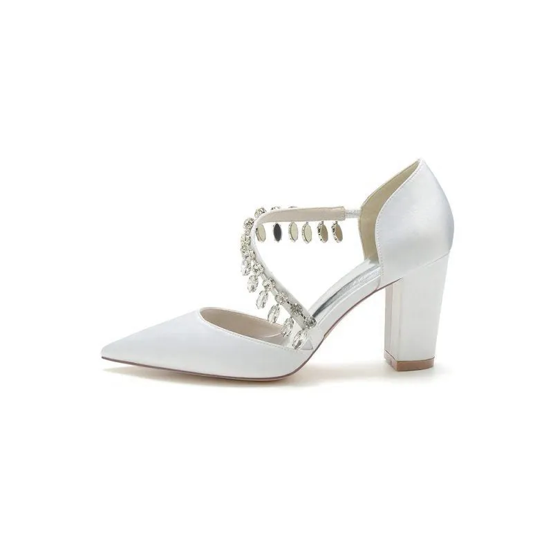 Pointed Toe Rhinestone Tassel Strappy Chunky Heels