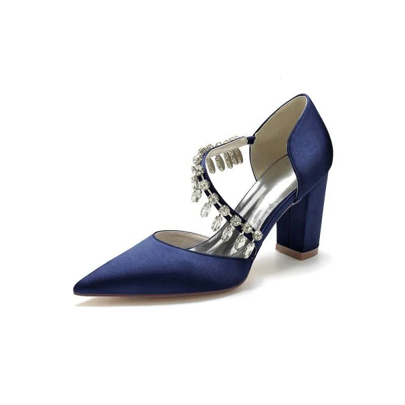 Pointed Toe Rhinestone Tassel Strappy Chunky Heels