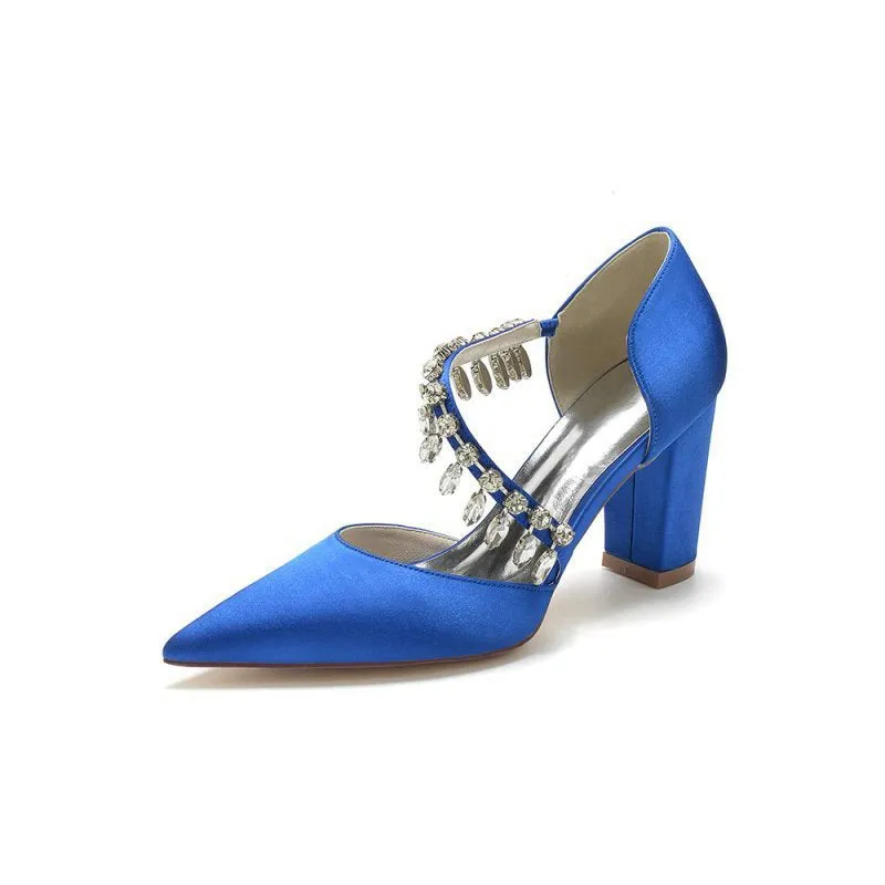 Pointed Toe Rhinestone Tassel Strappy Chunky Heels