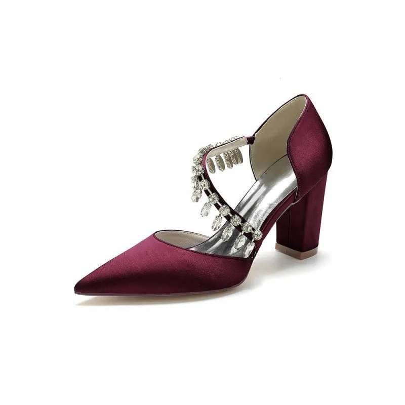 Pointed Toe Rhinestone Tassel Strappy Chunky Heels