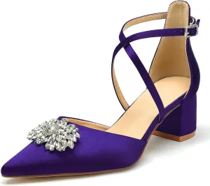 Pointed Toe Satin Wedding Shoes - White Low Heels, Rhinestones, Cross Strappy Block Heels - Comfortable Dress Shoes for Women