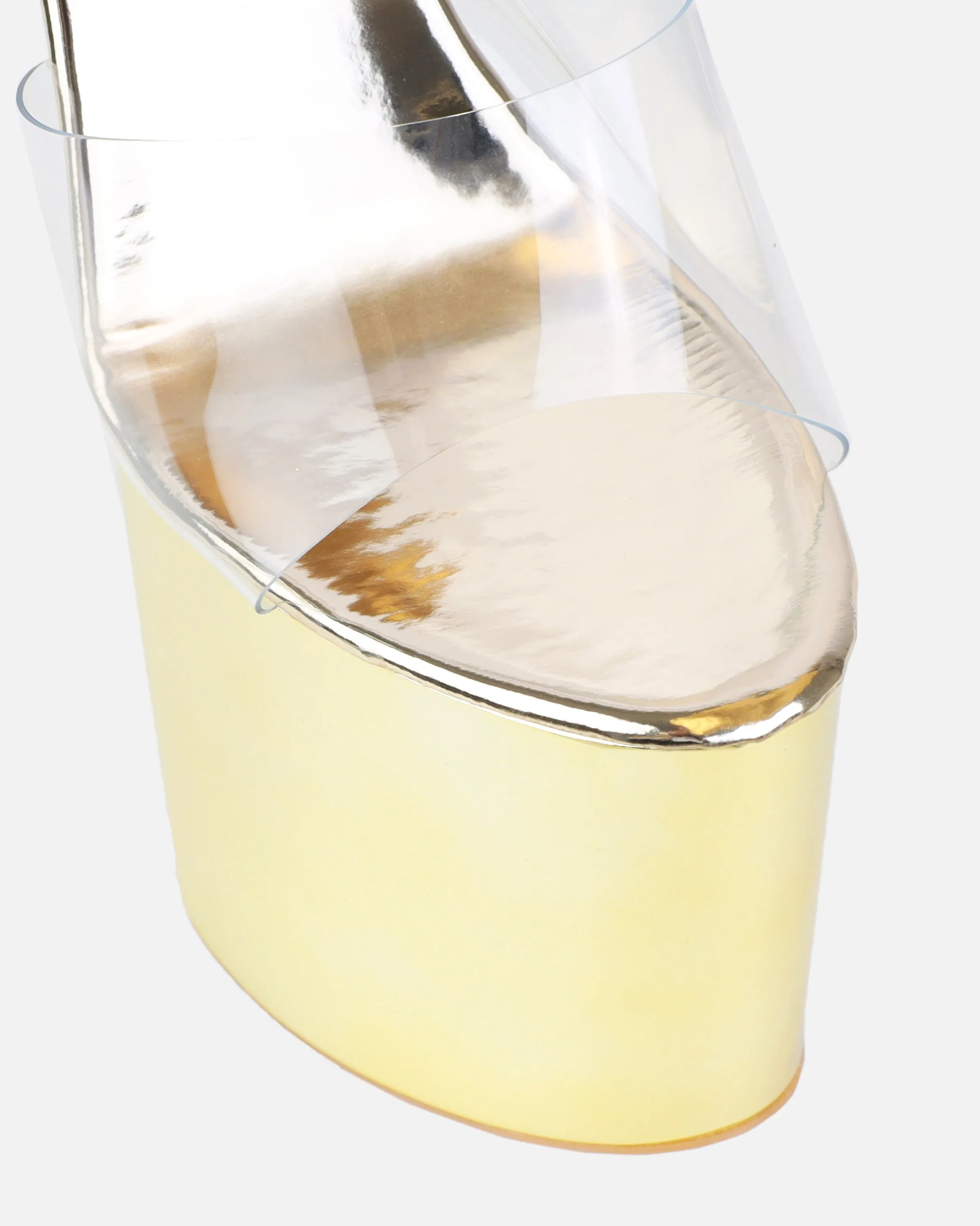 Queenie Gold Clear Platform Stiletto Mules