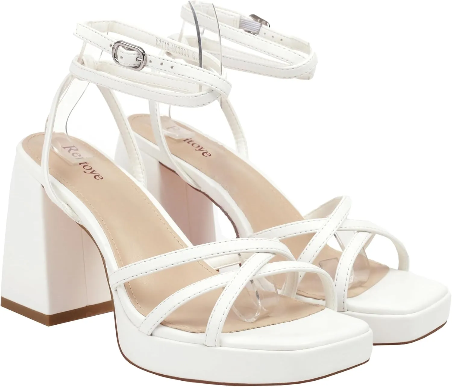 Reitoye Strappy Platform Heels for Women Ankle Strap Chunky Block Heel Square Open Toe Heeled Sandals for Party Wedding Prom Dress