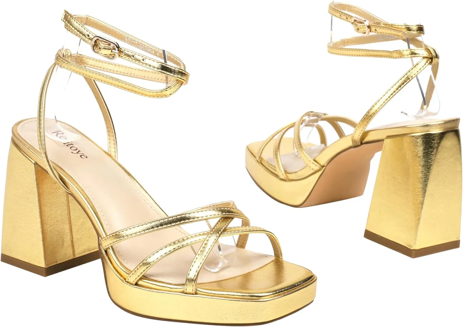 Reitoye Strappy Platform Heels for Women Ankle Strap Chunky Block Heel Square Open Toe Heeled Sandals for Party Wedding Prom Dress