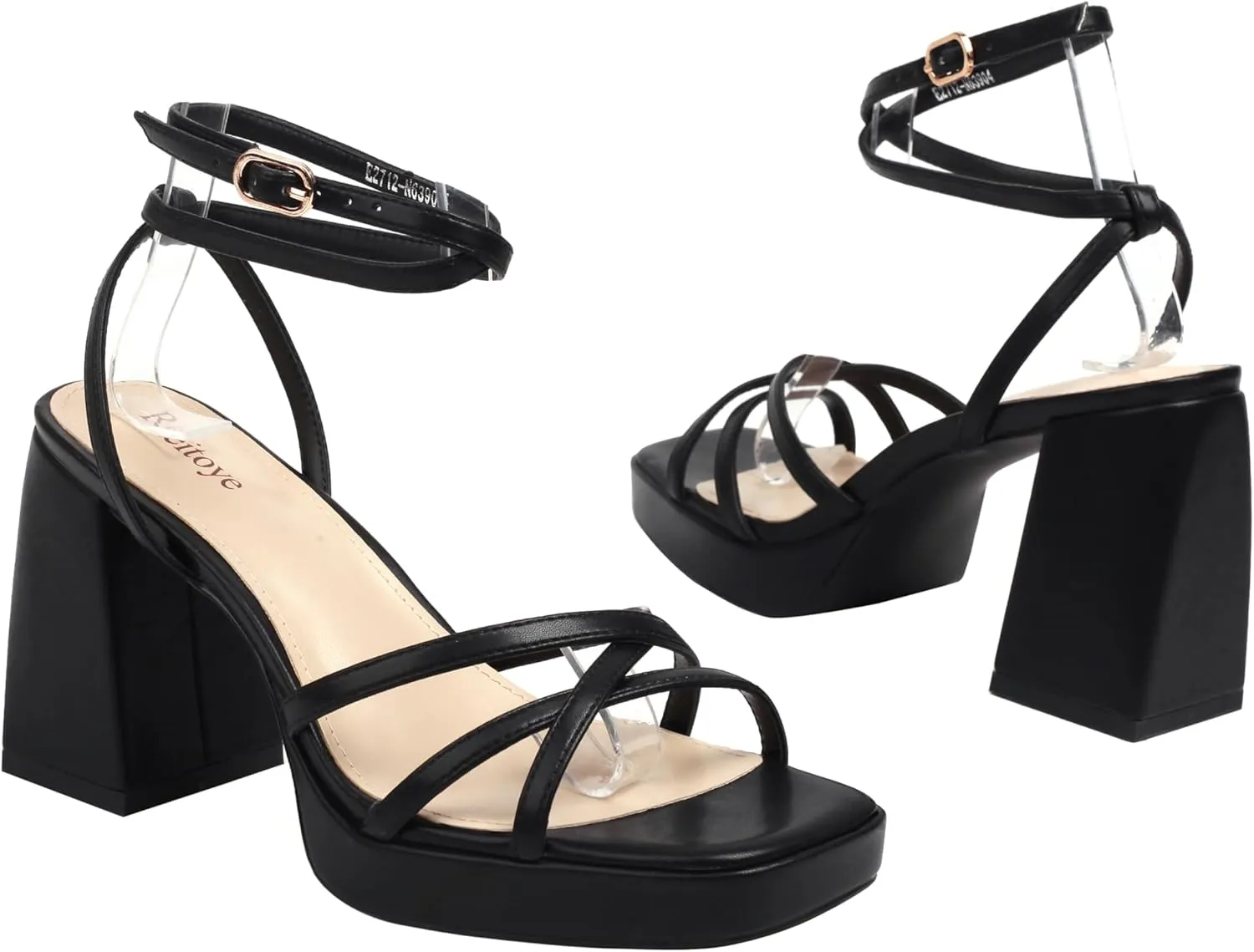 Reitoye Strappy Platform Heels for Women Ankle Strap Chunky Block Heel Square Open Toe Heeled Sandals for Party Wedding Prom Dress