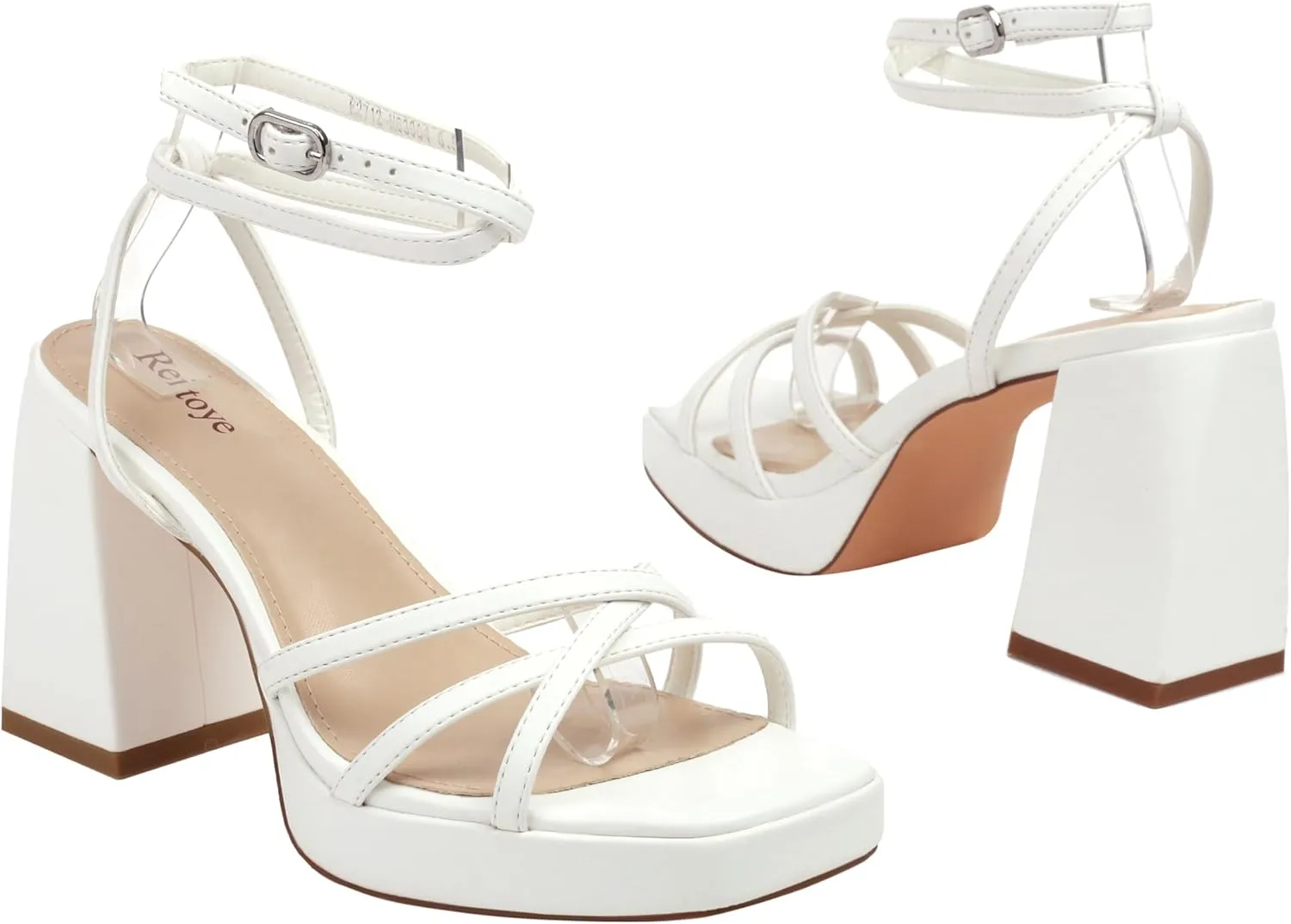Reitoye Strappy Platform Heels for Women Ankle Strap Chunky Block Heel Square Open Toe Heeled Sandals for Party Wedding Prom Dress
