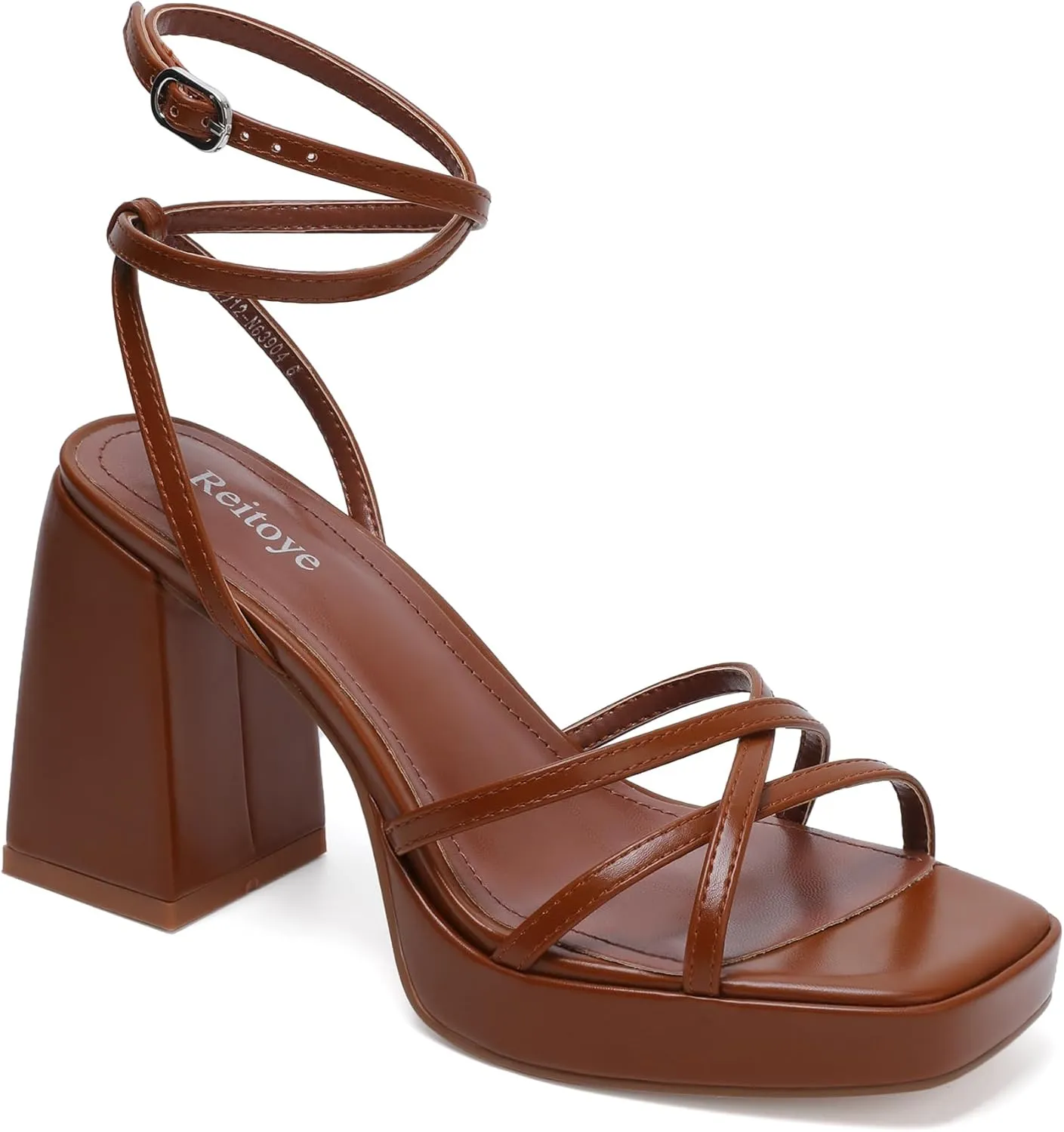 Reitoye Strappy Platform Heels for Women Ankle Strap Chunky Block Heel Square Open Toe Heeled Sandals for Party Wedding Prom Dress