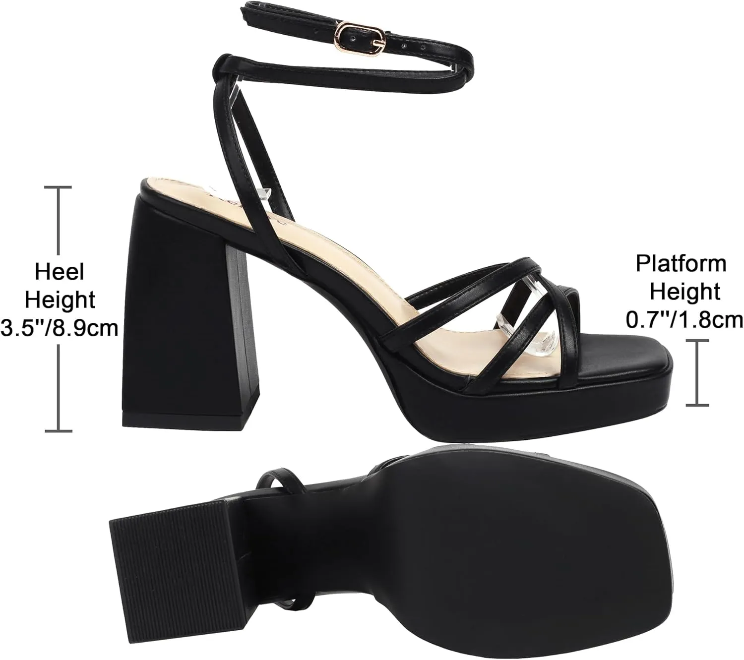 Reitoye Strappy Platform Heels for Women Ankle Strap Chunky Block Heel Square Open Toe Heeled Sandals for Party Wedding Prom Dress