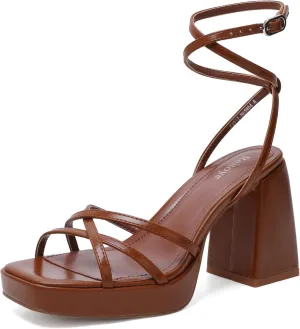 Reitoye Strappy Platform Heels for Women Ankle Strap Chunky Block Heel Square Open Toe Heeled Sandals for Party Wedding Prom Dress