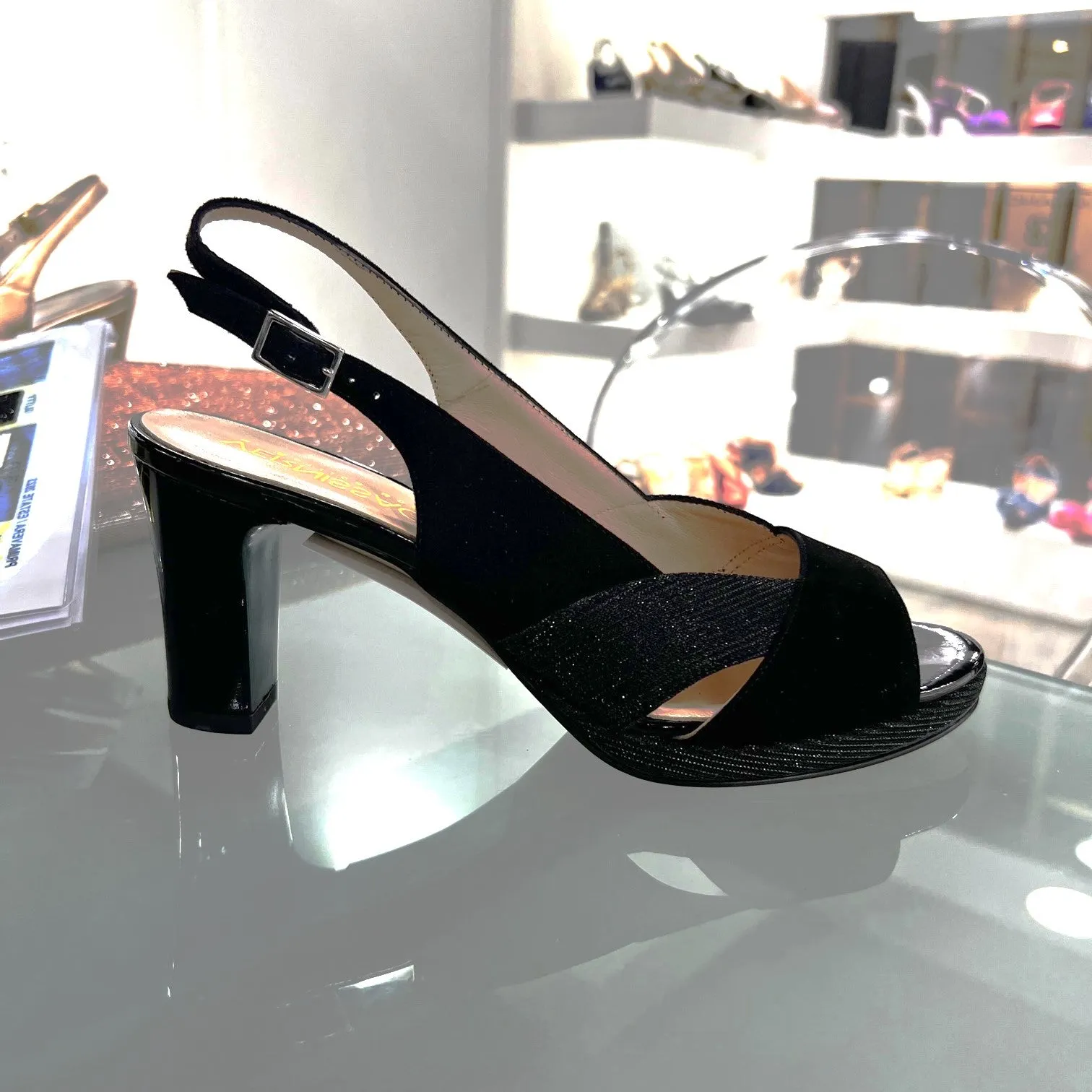 RF 23662 Black Suede & Glitter Mesh Mid Block Heels