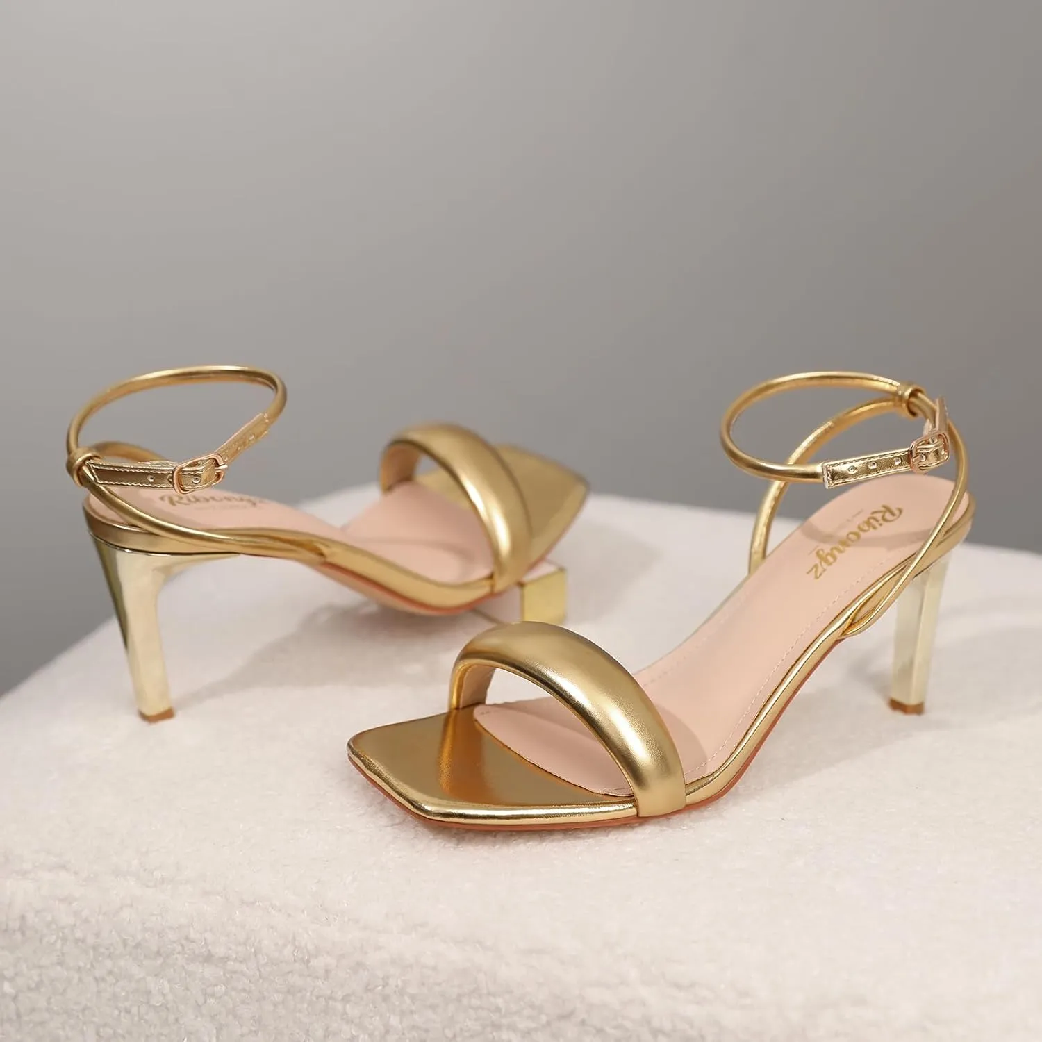 RIBONGZ Light Gold Strappy Kitten Heels For Womens Sandals Dressy Square Open Toe Sexy Stiletto High Heels Comfortable Wedding Party Evening Prom Dress Shoes