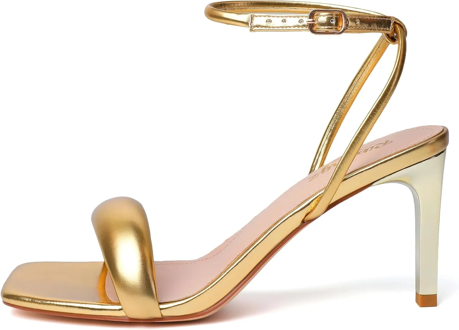RIBONGZ Light Gold Strappy Kitten Heels For Womens Sandals Dressy Square Open Toe Sexy Stiletto High Heels Comfortable Wedding Party Evening Prom Dress Shoes