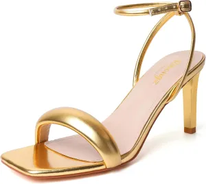 RIBONGZ Light Gold Strappy Kitten Heels For Womens Sandals Dressy Square Open Toe Sexy Stiletto High Heels Comfortable Wedding Party Evening Prom Dress Shoes