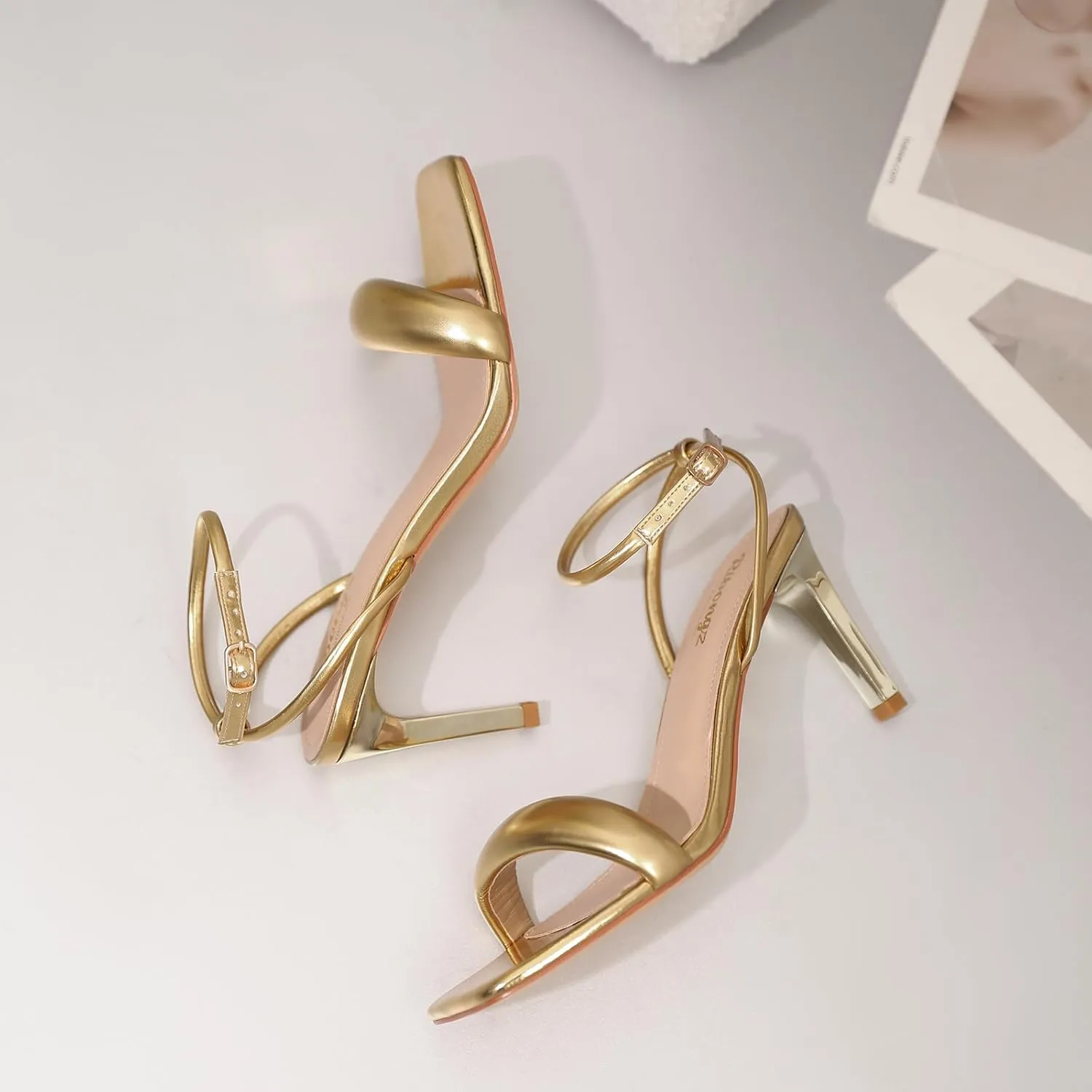 RIBONGZ Womens Sandals Dressy Gold Strappy Square Open Toe Chunky Heels Ankle Strap Kitten Sexy High Heels Prom Wedding Party Evening Summer Bridal Shoes