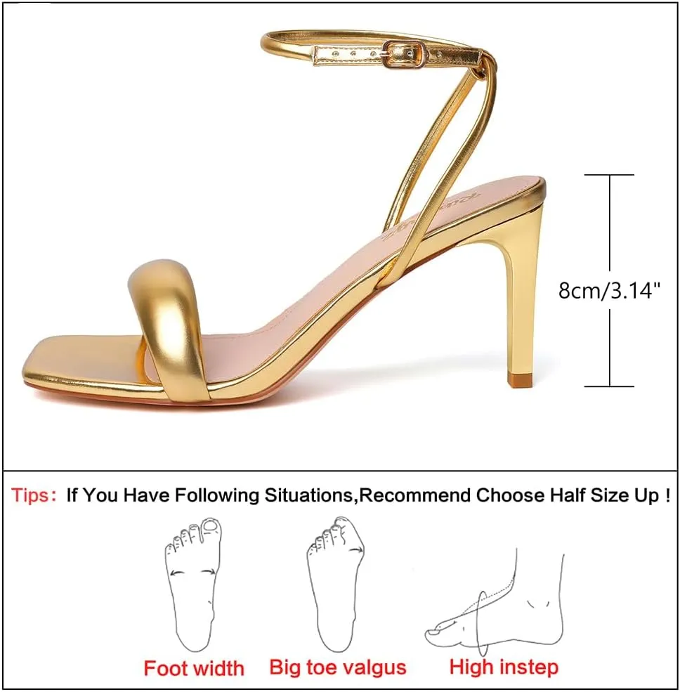 RIBONGZ Womens Sandals Dressy Gold Strappy Square Open Toe Chunky Heels Ankle Strap Kitten Sexy High Heels Prom Wedding Party Evening Summer Bridal Shoes