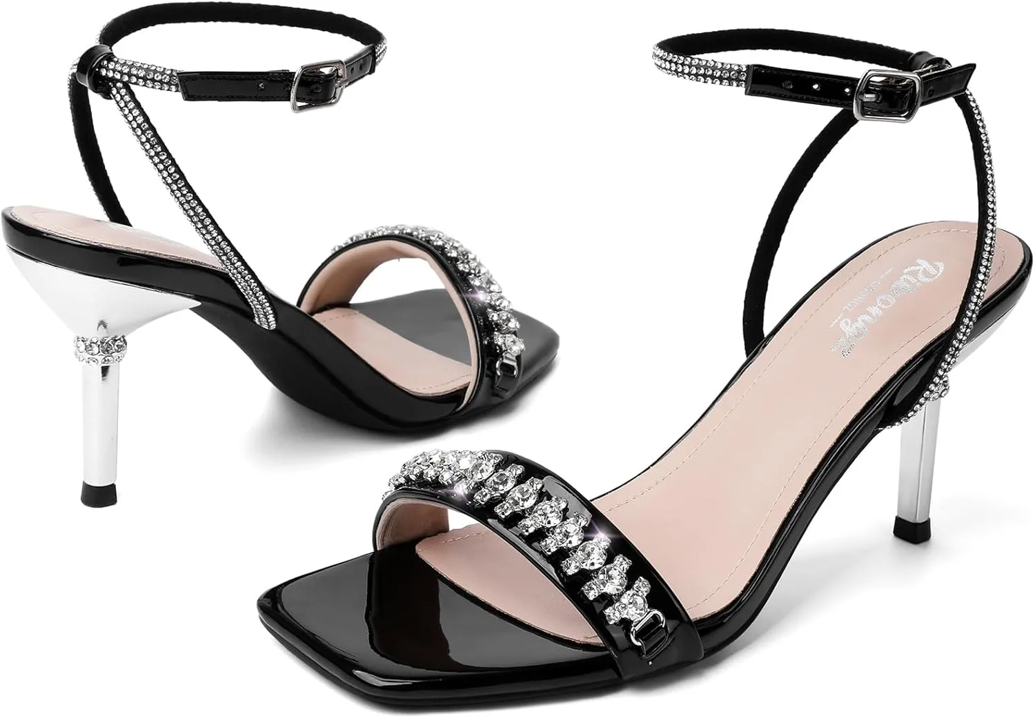 RIBONGZ Womens Sandals Dressy Gold Strappy Square Open Toe Chunky Heels Ankle Strap Kitten Sexy High Heels Prom Wedding Party Evening Summer Bridal Shoes
