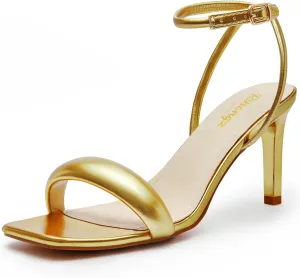 RIBONGZ Womens Sandals Dressy Gold Strappy Square Open Toe Chunky Heels Ankle Strap Kitten Sexy High Heels Prom Wedding Party Evening Summer Bridal Shoes