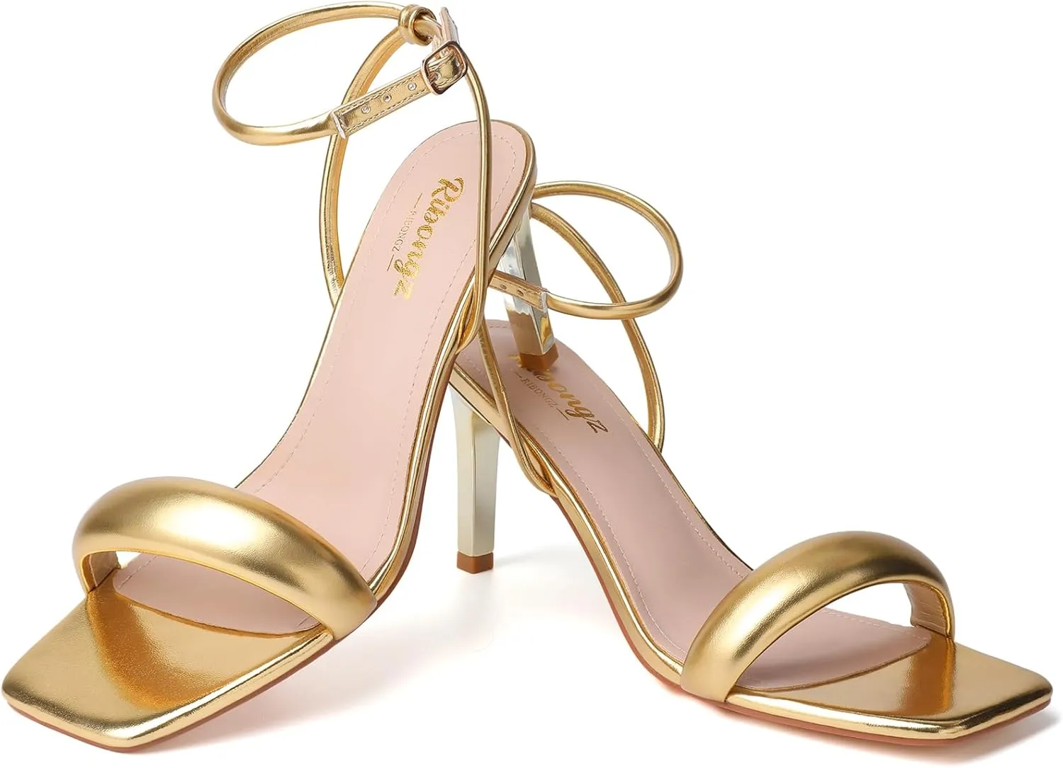 RIBONGZ Womens Sandals Dressy Gold Strappy Square Open Toe Chunky Heels Ankle Strap Kitten Sexy High Heels Prom Wedding Party Evening Summer Bridal Shoes