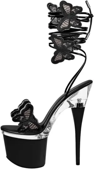richealnini Sparkly Butterfly Strappy Platform Heel for Women Lace Up Stiletto Heels Open Toe Sandals