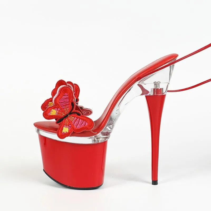 richealnini Sparkly Butterfly Strappy Platform Heel for Women Lace Up Stiletto Heels Open Toe Sandals
