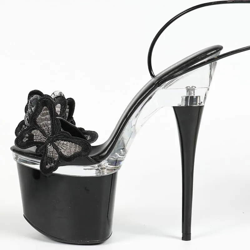 richealnini Sparkly Butterfly Strappy Platform Heel for Women Lace Up Stiletto Heels Open Toe Sandals