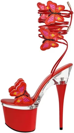 richealnini Sparkly Butterfly Strappy Platform Heel for Women Lace Up Stiletto Heels Open Toe Sandals